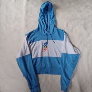 Nike Blue and White Cropped Hoodie Size Large